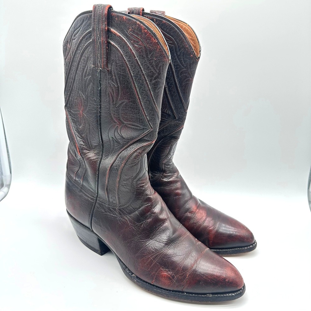 Vintage Littles Men Leather Brush Off Black Cherry Goat Western Cowboy Boot 9.5E